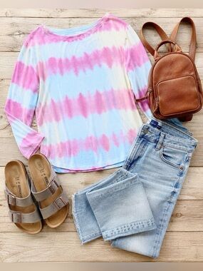 Sundance Catalog summer tie dye LS tee pink white